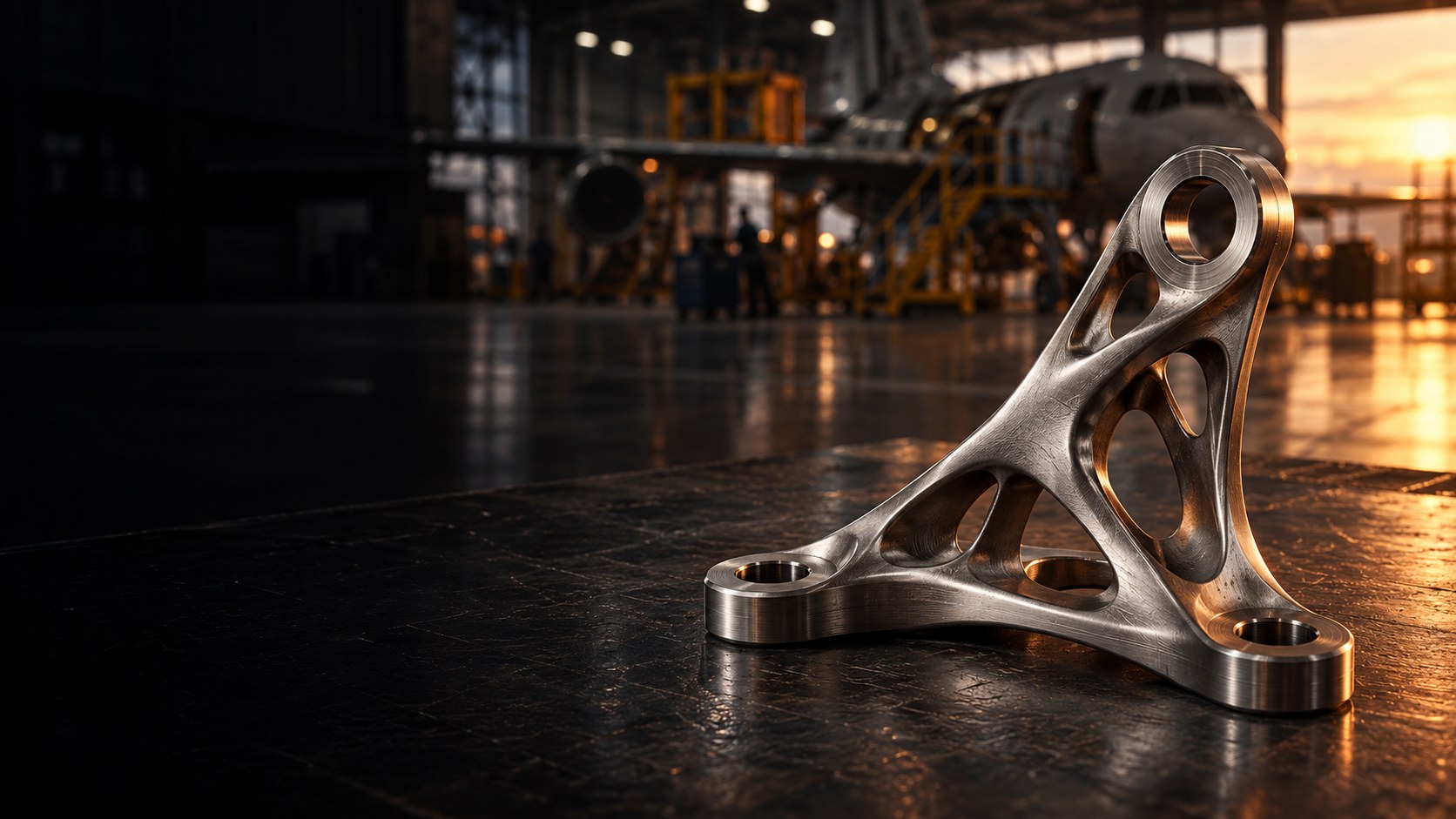 Illustrative precision metal component in an aircraft hangar